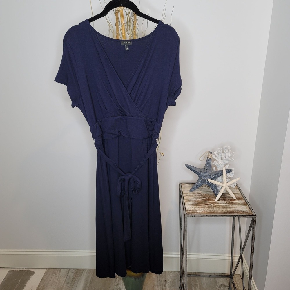 Talbots Faux Wrap Surplice Knit Midi Dress Womens Medium Petite Navy Blue